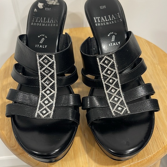 ITALIAN SHOEMAKERS BLING WEDGE EMBELLISHED JEWELS OPEN-TOE 10M BLACK SANDAL - Picture 8 of 8